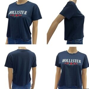 Hollister Navy Blue Short Sleeve Logo Tee with Embroidered Roses Womens Medium